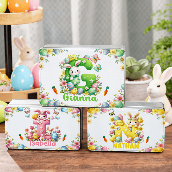 Huevos de Pascua personalizados de conejito de dibujos animados Caja de metal para almacenar galletas con nombre Regalo de Pascua para la familia y los niños