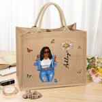 Personalized Cartoon Fashion Girl Birth Flower Large Jute Tote Bag with Name Travel Essential Birthday Gift for Women