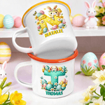 Personalised Easter Egg Cartoon Rabbit Flowers Initial Multicolour 12 oz Enamel Mug with Name Easter Birthday Gift for Boys Girls