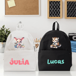 Zaino per bambini multiscomparto personalizzato con nome per bambini e bambine, con animali della scuola e cartoni animati.