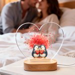 Personalised Cartoon Couple Penguin Heart Acrylic LED Night Light with Title and Wooden Base Home Decor Valentine's Day Anniversary Gift for Couple