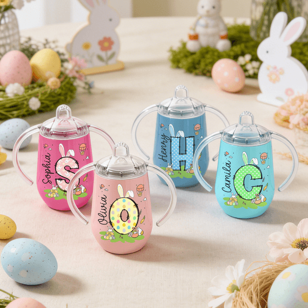 Personalized Floral Bunny Ears Initial Easter Egg 10 oz Insulated Sippy Cup with Name and Handle Baby Shower Birthday Gift for Toddlers Kids