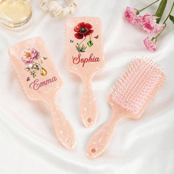 Personalized Butterfly Birth Flower Birthstone Hair Brush Anti-Static Massage Comb with Name Anniversary Birthday Gift for Woman Bridesmaid