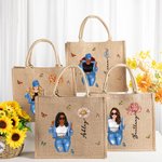 Personalized Cartoon Fashion Girl Birth Flower Large Jute Tote Bag with Name Travel Essential Birthday Gift for Women
