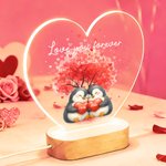 Personalised Cartoon Couple Penguin Heart Acrylic LED Night Light with Title and Wooden Base Home Decor Valentine's Day Anniversary Gift for Couple