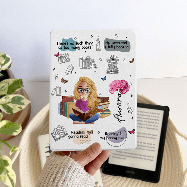 Personalised Birth Flower Cartoon Reading Girl Kindle Case with Name and Bookish Quote Birthday Gift for Book Lovers Bookworms