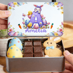Gepersonaliseerde schattige Bunny paaseieren voedselkwaliteit metalen koekjes trommel opbergdoos met naam paasgeschenk voor familie kinderen