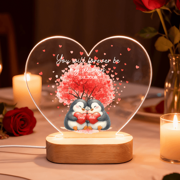 Gepersonaliseerde cartoon paar pinguïn hart acryl LED nachtlampje met titel en houten basis Home Decor Valentijnsdag jubileum cadeau voor echtpaar