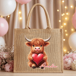 Personalised Cute Love Heart Highland Cow Large Jute Bag with Name Valentine's Day Birthday Gift for Family Friend Cow Lover