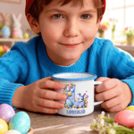 Personalised Easter Egg Cartoon Rabbit Flowers Initial Multicolour 12 oz Enamel Mug with Name Easter Birthday Gift for Boys Girls