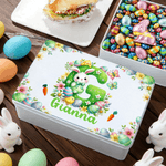 Gepersonaliseerde schattige Bunny paaseieren voedselkwaliteit metalen koekjes trommel opbergdoos met naam paasgeschenk voor familie kinderen