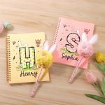 Personalised Easter Bunny Eggs Initial Name A5 Spiral Notebook and Pom Puff Pen Set with Lined Pages Easter Gift for Boys Girls