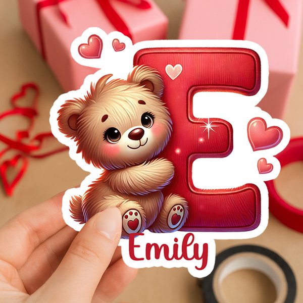 Personalised Heart Cute Cartoon Bear Initial Waterproof Stickers Labels with Name Valentine's Day Birthday Gift for Kids