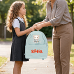 Zaino per bambini multiscomparto personalizzato con nome per bambini e bambine, con animali della scuola e cartoni animati.