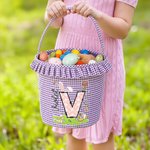 Personalized Cute Bunny Initial Flower Plaid Easter Basket with Name Easter Egg Hunt Easter Gift for Boys Girls