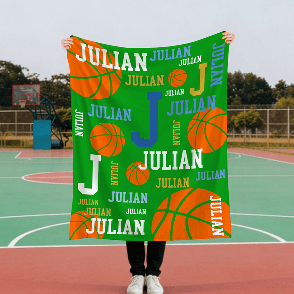 Personalised Multicolor Basketball Word Cloud Soft Throw Blanket with Names and Initials Home Decor Birthday Gift for Basketball Lovers Players
