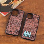 Personalized Turquoise Western Sunflower Tooled Initials TPU Phone Case for iPhone Daily Use Birthday Gift for Cowboys Cowgirls