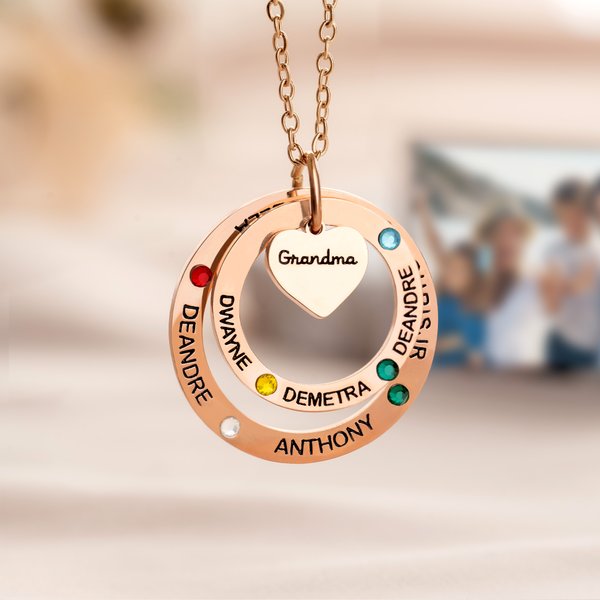 Personligt halsband med 1-7 namn och födelsestenar med hjärtcirkel och ringar Mors dag Födelsedagspresent till kvinna Mamma Mormor
