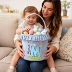 Personalized Cute Bunny Initial Flower Plaid Easter Basket with Name Easter Egg Hunt Easter Gift for Boys Girls