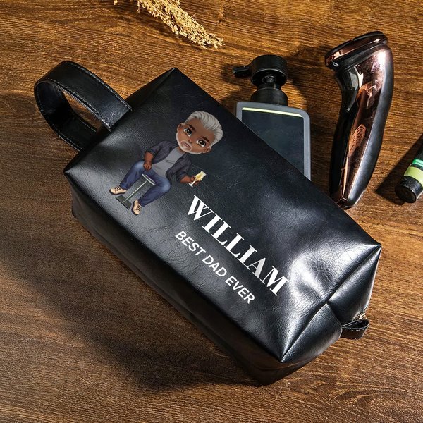 Personalized Cartoon Man Character PU Leather Toiletry Bag with Name and Text Travel Accessories Birthday Christmas Gift for Man Father