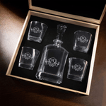 Personalized Vintage Emblem Whiskey Decanter and 4 Glasses Set with Engraved Initial and Name Birthday Anniversary Gift for Men Whiskey Lovers