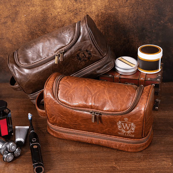 Personalised Crown Shield Portable Waterproof PU Leather Men's Toiletry Bag with Engraved Initial and Name Travel Business Trip Birthday Gift for Men
