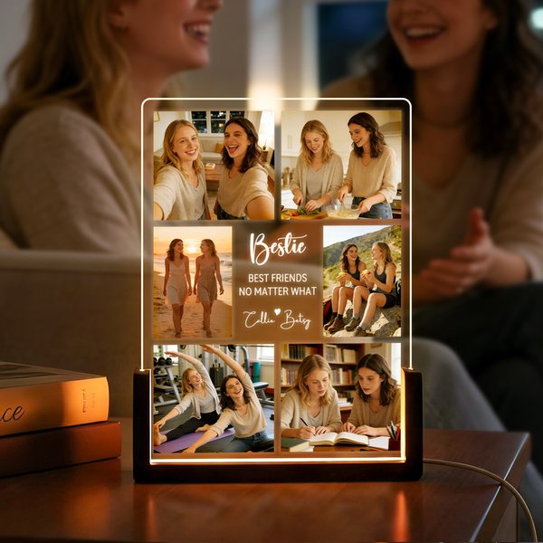 Personligt LED-nattljus i akryl med 6 foton, namntext och träfot Födelsedagspresent till familj, vänner och par
