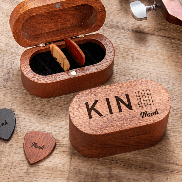 Personalized Guitar Chords Design Wooden Magnetic Guitar Pick Storage Box Set with Name and Word Birthday Gift for Musician Guitar Player