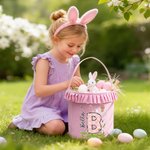 Personalized Cute Bunny Initial Flower Plaid Easter Basket with Name Easter Egg Hunt Easter Gift for Boys Girls