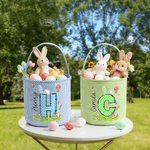 Personalized Cute Bunny Initial Flower Plaid Easter Basket with Name Easter Egg Hunt Easter Gift for Boys Girls