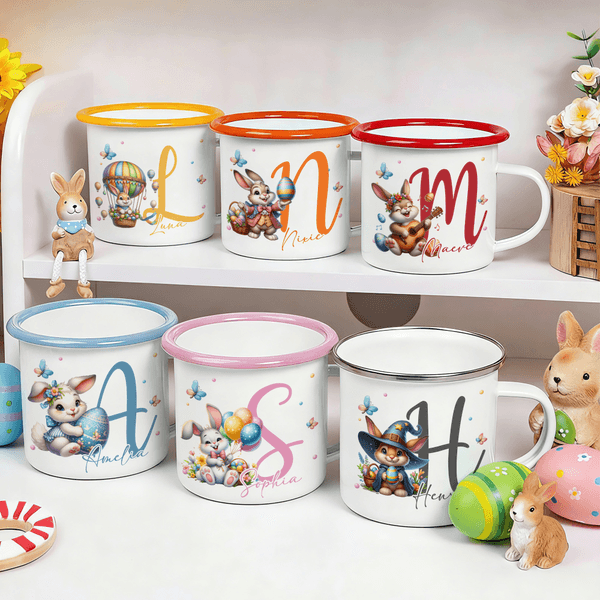 Personalised Easter Bunny 12 oz Coloured Rim Enamel Mug with Name and Initial Daily Use Easter Gift for Family Kids