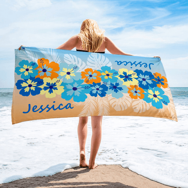 Personlig tropisk blommig snabbtorkande överdimensionerad strandhandduk med namn reseförnödenheter strandfest semestergåva för vänner kvinnor