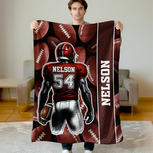 Personalized Cartoon Football Character Soft Throw Blanket with Name and Number Competition Day Team Gift for Football Player Team Member