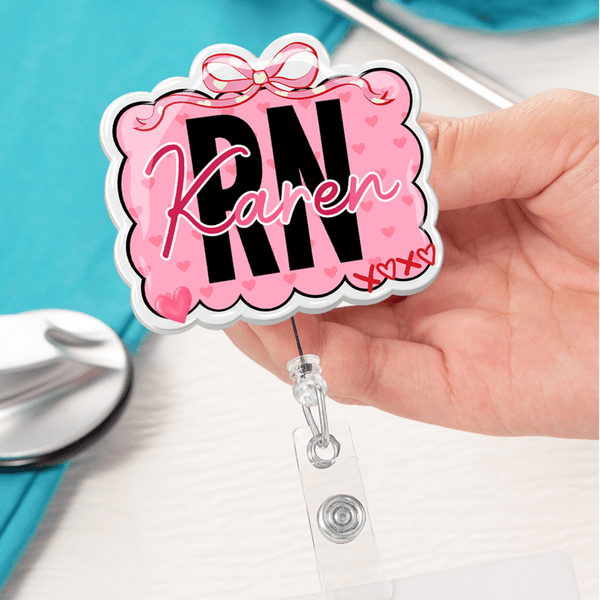 Personalised Bow Cloud Shape Acrylic Badge Reel with Name and Job Title Appreciation Nurse Week Valentine's Day Gift for Doctor Nurse Medical Staff