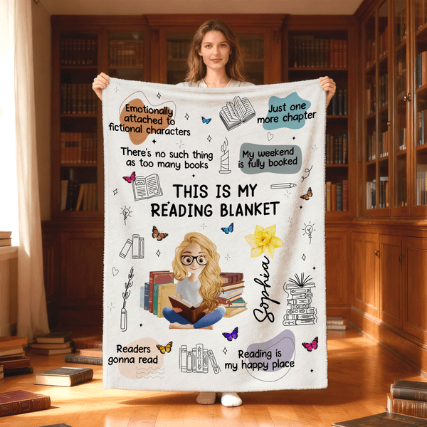 Personalized Reading Cartoon Character Birth Flower Soft Throw Blanket with Name Daily Use Graduation Birthday Gift for Book Lover Bookworm Her
