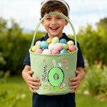 Personalized Cute Bunny Initial Flower Plaid Easter Basket with Name Easter Egg Hunt Easter Gift for Boys Girls