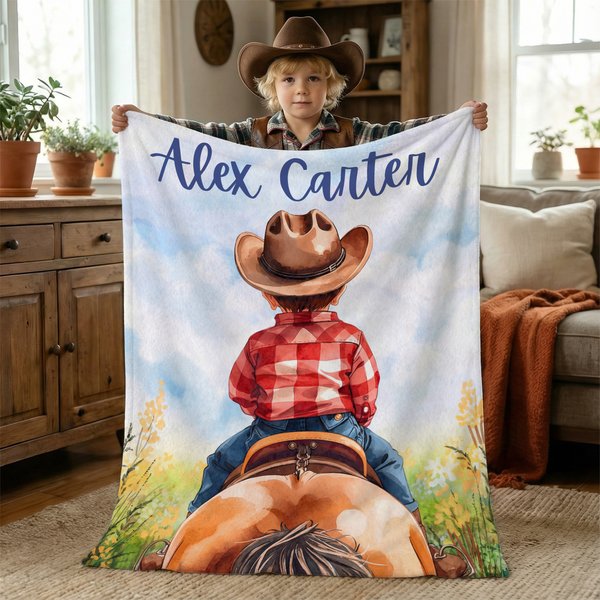 Personalised Cute Cowboy Cowgirl Soft Throw Blanket with Name Home Decor Daily Use Birthday Gift for Kids Horse Lovers