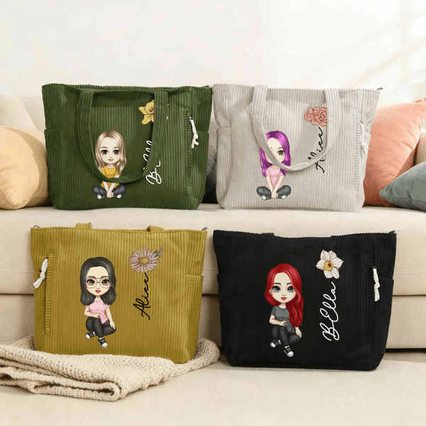 Personalised Cute Cartoon Character Large Corduroy Tote Bag with Birth Flower and Name Daily Use Birthday Gift for Women