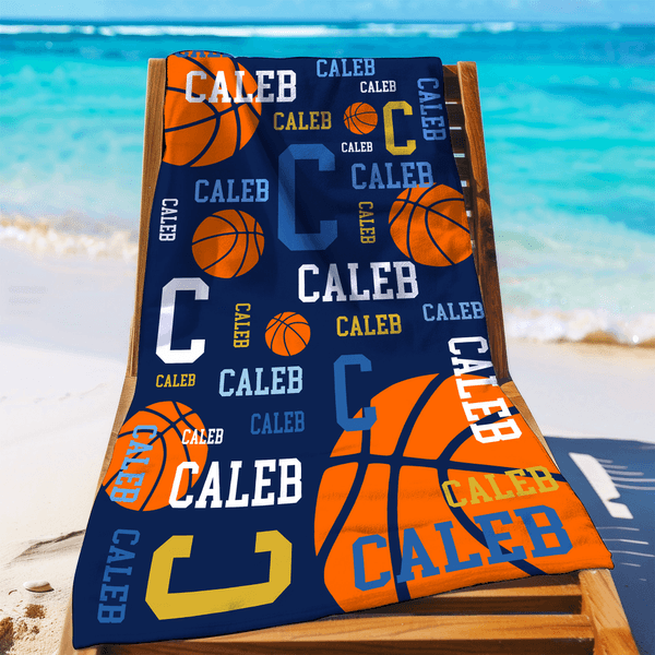 Personalised Basketball Quick Dry Oversized Microfiber Beach Towel with Name and Initial Beach Party Holiday Gift for Basketball Lovers Players