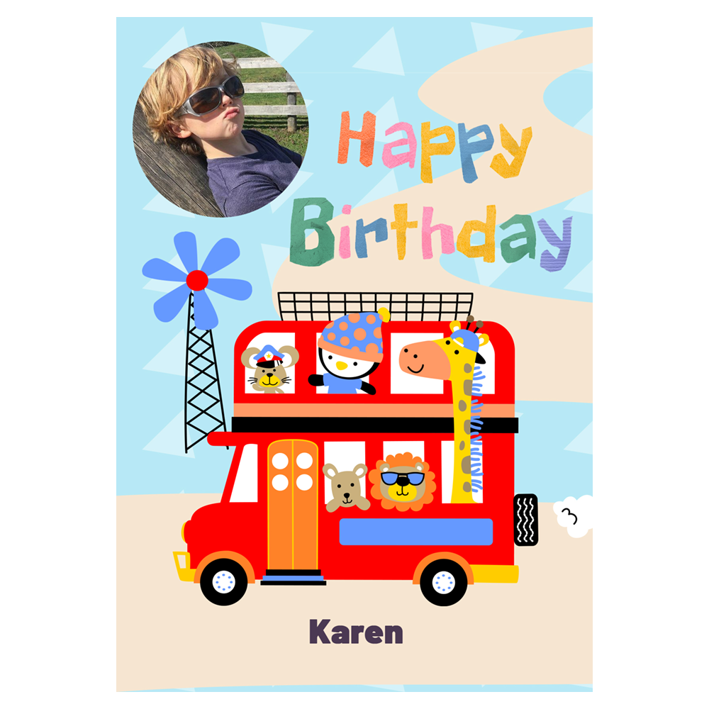 Animal Double Decker Bus Birthday Ecard