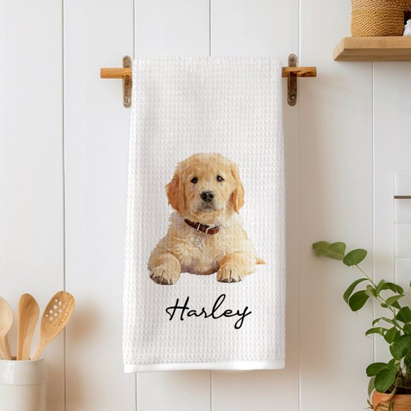 Personalized Watercolor Style Pet Photo Tea Towel with Name Kitchen Decor Daily Use Anniversary Gift for Pet Owners