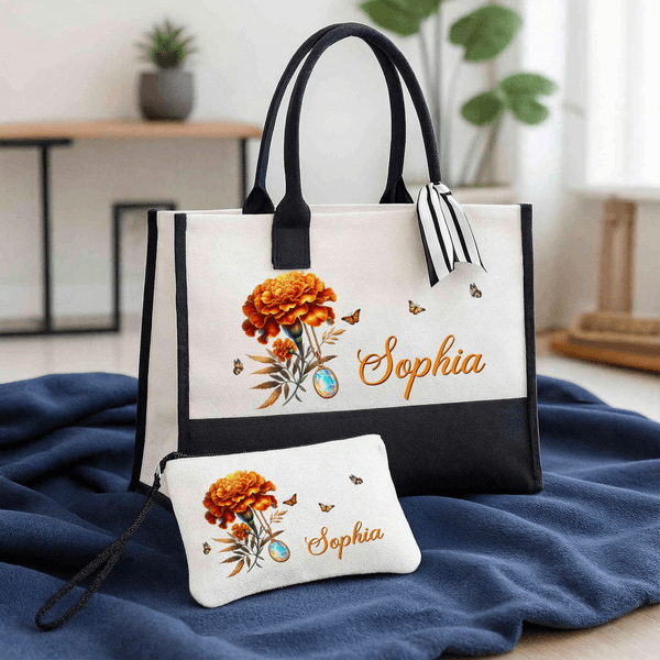 Personalized Birth Flower Birthstone Large Tote Bag Portable Makeup Bag with Name Mother's Day Birthday Gift for Women Girls