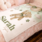 Personalisierte Babydecke mit Bärchen auf Reisen | mit Namen | Aquarell-Stil | Wohndeko | Geburtstag Babyparty Taufe Geschenk für Babys Kinder