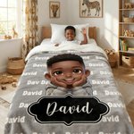 Personalised Cute Cartoon Little Black Boy Word Cloud Soft Throw Blanket with Name Home Decor Birthday Gift for Boys