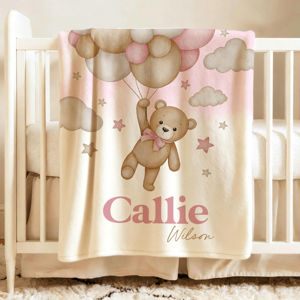Personalized Bear Balloon Soft Throw Blanket with Name Home Decor Birthday Baby Shower Gift for Newborns Kids