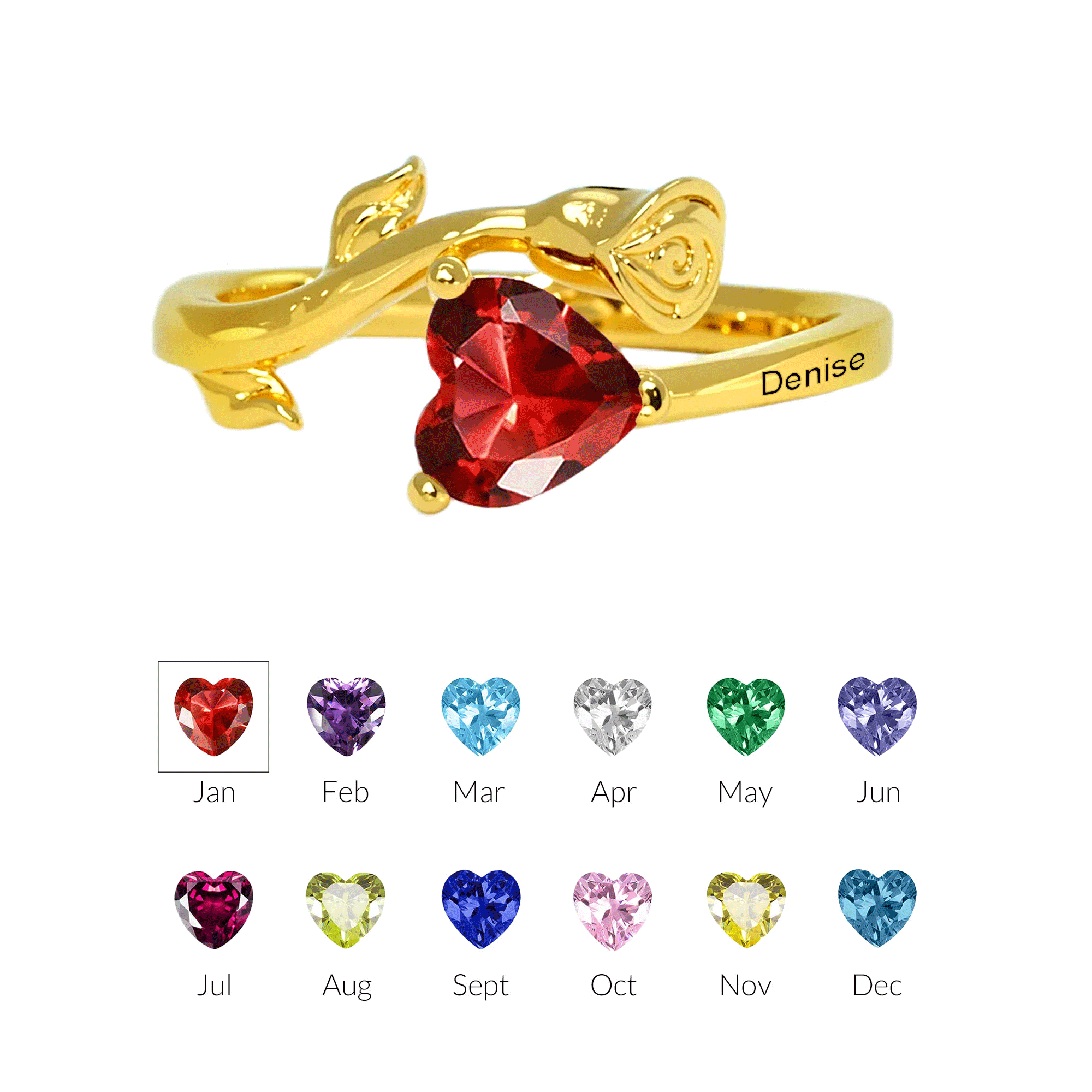 Personalized Birthstone Rose Heart Sterling Silver Ring with Engraved Text Dainty Jewelry Mother's Day Birthday Anniversary Gift for Women