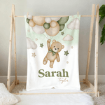 Personalisierte Babydecke mit Bärchen auf Reisen | mit Namen | Aquarell-Stil | Wohndeko | Geburtstag Babyparty Taufe Geschenk für Babys Kinder
