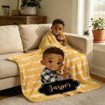 Personalised Cute Cartoon Little Black Boy Word Cloud Soft Throw Blanket with Name Home Decor Birthday Gift for Boys