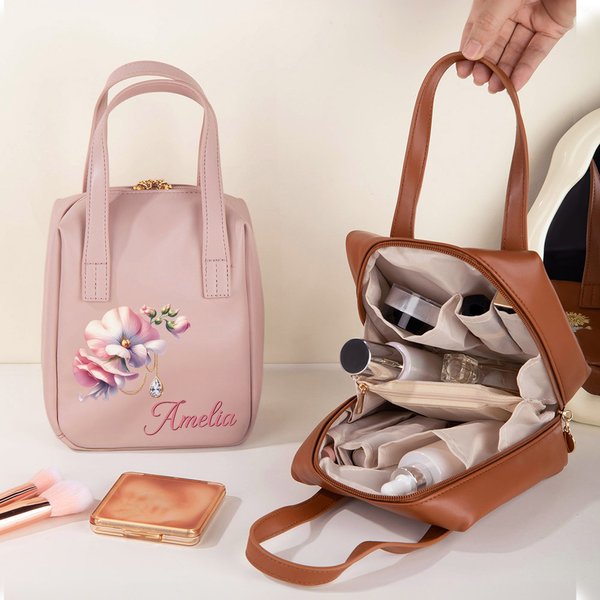 Personlig Födelseblomma Ädelsten PU läder Makeupväska med namn och handtag Resa Jubileum Födelsedagspresent för kvinnor