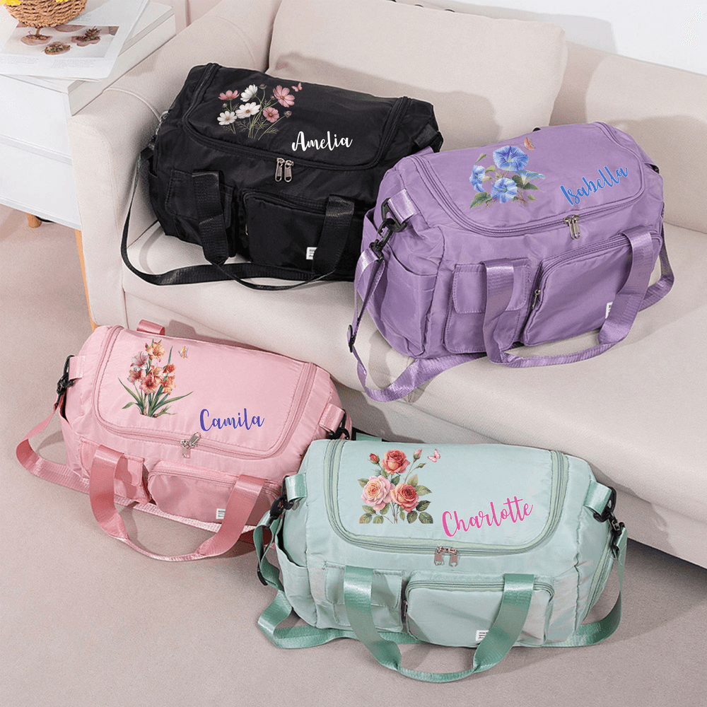 Henkilökohtainen Syntymä Kukka Multi-Compartment Suuri Travel Bag nimi ja olkahihna Travel Syntymäpäivä lahja naisille 1